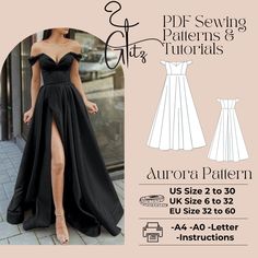 a woman in a black dress with her legs slited up, and the text'sewing patterns & tutors aurora pattern us size 6 to 32 eu