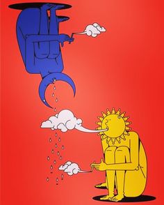 an image of two people in the air with clouds coming out of their heads and one man