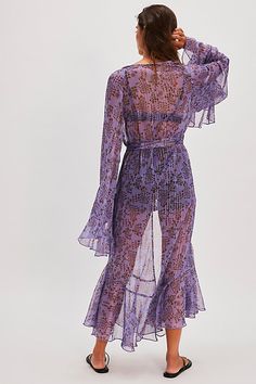 Designed to add the perfect finishing touch to absolutely any style, this stunning kimono is featured in a semi-sheer, printed fabrication with bell sleeves, ruffled trim, and waist tie detail for a forever flattering fit. | Ibiza Bell Sleeve Kimono by Muche et Muchette at Free People in Purple Ruffle Trim, Waist Tie, Bell Sleeve, Boho Outfits, Ibiza, Bell Sleeves, Lavender, Free People, Trim