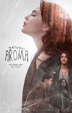 a woman with long hair standing in front of a poster for the movie, natural aroma