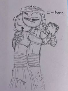 an image of a drawing of a cartoon character holding something in one hand and the words i'm here written on it