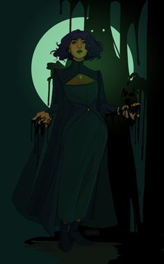 a woman with purple hair standing in front of a full moon and holding a knife