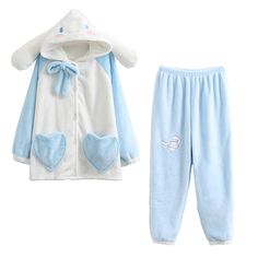 Kawaii Cotton Sleepwear For Loungewear, Cotton Kawaii Sleepwear For Loungewear, Casual Light Blue Sleepwear For Home, Cute Light Blue Loungewear Sets, Cute Blue Home Sleepwear, Kawaii Long Sleeve Pajama Party Sets, Kawaii Long Sleeve Sleep Sets, Cute Loungewear Sets With Long Pants, White Pajama Party Sets With Pockets