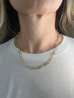 "➣ High quality 14K Yellow Gold 5.6mm Paperclip Ring Connecting Links Necklace, 18\" Real Gold Chain, Round Links Paperclip Necklace, Round Paperclip, Women ➣ MATERIAL: 14K Yellow Gold  ➣ Closure: Lobster claw   ➣ Weight: 7.10g ◈ Please note that weights are approximate. ➣ If you need a specific length, please message us. Explore more gold chains https://www.etsy.com/shop/MarinaMJewelry?ref=seller-platform-mcnav&search_query=gold+chain ➣ SHIPPING: ◈ We always offer domestic FREE SHIPPING via USP Paperclip Ring, Chain Shipping, Real Gold Chains, Paperclip Necklace, Orders Shipped, Link Necklace, Paper Clip, Real Gold, Lobster Claw