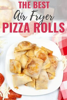 the best air fryer pizza rolls on a white plate with red and white checkered tablecloth