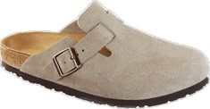 Casual Brown Cork Clogs, Casual Cork Clogs With Round Toe, Classic Suede Clogs With Buckle Closure, Casual Slip-on Cork Clogs, Casual Cork Slip-on Clogs, Casual Closed Toe Cork Clogs, Casual Cork Clogs With Removable Insole, Birkenstock Boston Soft Footbed, Boston Soft Footbed