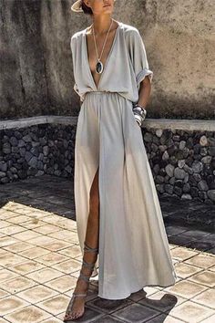 Split Long Dress, Long T, Style Upgrade, Romantic Style, Waist Length, Half Sleeve, Deep V Neck, Half Sleeves, Neck T Shirt