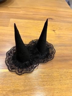 Set of 2 black mini witch hats with black lace brim Witchy Black Mini Hat For Halloween, Black Witchy Mini Hat For Halloween, Gothic Black Mini Hats For Halloween, Gothic Black Mini Hat With Curved Brim, Black Gothic Mini Hat With Curved Brim, Black Adjustable Mini Hats With Witchy Style, Black Adjustable Witchy Mini Hats, Adjustable Black Witchy Mini Hat, Adjustable Black Mini Witchy Hat