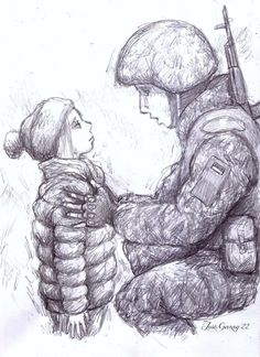 a pencil drawing of a soldier holding a child's arm and looking at him