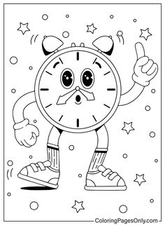 a coloring page with an image of a cartoon character holding a clock in his hand