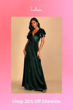 Make your debut in the Lulus Absolutely Amazed Emerald Green Velvet Flutter Sleeve Maxi Dress and watch the jaws drop! This gorgeous stretch velvet maxi stuns with its surplice bodice, short flutter sleeves, and high empire waist. A-line maxi skirt cascades below for a glam finish. Hidden back/zipper. Fit: This garment fits true to size. Length: Floor length. Size medium measures 60.5" from shoulder to hem. Bust: Great for any cup size. Waist: Fitted - very fitted at natural waist. Hip: Not Fitted - fuller skirt allows room for hips. Undergarments: May be worn with any standard bra. Fabric: Fabric is very stretchy. Bodice is lined. Shell: 95% Polyester, 5% Spandex. Lining: 100% Polyester. Hand Wash Cold. Do Not Bleach. Line Dry. Iron Low Heat. Imported. Lulus | Absolutely Amazed Emerald Gr Emerald Green Velvet, Velvet Maxi, Sleeve Maxi Dress, Stretch Velvet, Maxi Dress With Sleeves, Cup Size, Formal Wedding, Flutter Sleeves, Green Velvet