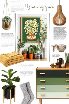 an article in the magazine features plants and other things that are on display, including a dresser