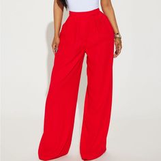 Brand New With Tags Chic Red Wide Leg Full Length Pants, Chic Solid Color Pants For Party, Chic Party Pants In Solid Color, Chic Solid Color Party Pants, Chic Red Full Length Wide Leg Pants, Red Solid Long Pants, Red Solid Color Long Pants, Red High Waist Wide Leg Summer Pants, Red Pants For Workwear