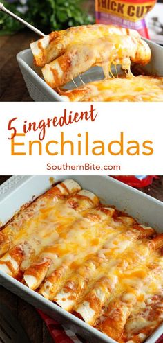 an enchiladas dish with cheese and sauce in a casserole dish