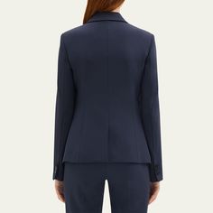 Theory "Carissa" jacket crafted from stretch Good Wool Notched lapels; two-button front Long sleeves; button cuffs Structured shoulders Flap front pockets Back vent Slim fit Hip length Cutaway hem Wool/elastane Imported Office Outerwear Slim Fit With Single Button, Tailored Elastane Blazer, Fitted Button-up Blazer With Double Button Closure, Notch Lapel Elastane Blazer For Workwear, Fitted Double Button Closure Blazer, Fitted Notch Lapel Outerwear With Button Cuffs, Tailored Elegant Blazer, Fitted Outerwear With Button Cuffs And Notch Lapel, Fitted Blazer With Button Cuffs For Business Casual