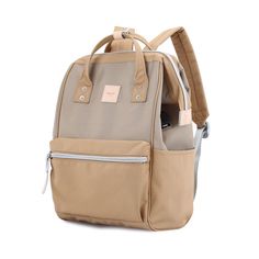 a beige backpack with two zippers on the front and side pockets, sitting against a white background