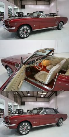 two pictures of an old red car in a garage