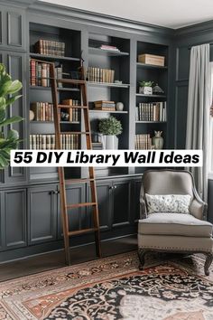 a living room with bookshelves and a ladder in the corner, next to a chair