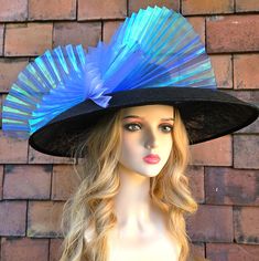 Royal Ascot Hat Blue Black Large Derby Hat Ladies Wide Brim Wedding Hat Church Hat Wedding Guest Hat - Kentucky Derby Hat Occasion Hat Ladies Day Formal Racing Event Mother of the Bride Cocktail Hat This elegant hat is perfect for a formal occasion and it can be your Royal Ascot Hat, Derby Hat, Wedding Hat  or a Church Hat. With its sophisticated design and classy cocktail hat style, it's sure to be a perfect headpiece for any Mother of the Bride or a Ladies day hat event. Size: Diameter 48 cm. Blue Costume Hat For Church, Blue Costume Hats And Headpieces For Church, Fitted Blue Mini Hats For Church, Blue Fitted Mini Hat For Church, Blue Curved Brim Costume Hat For Church, Blue Hat For Evening At Royal Ascot, Blue Evening Hat For Royal Ascot, Blue Top Hat With Short Brim For Church, Blue Wide Brim Fascinator For Parties