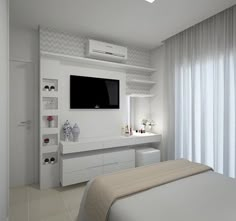 a white bedroom with a flat screen tv mounted on the wall