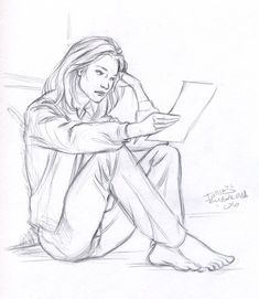 a pencil drawing of a woman sitting on the ground