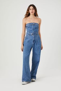 Belted Denim Tube Jumpsuit | Forever 21 Fitted High Waist Cotton Strapless Jumpsuit, Casual Medium Wash Strapless Denim Jumpsuit, Denim Sleeveless Strapless Jumpsuit, Casual Strapless Denim Jumpsuit, Casual Medium Wash Strapless Jumpsuit, Strapless Medium Wash Denim Jumpsuit For Spring, Casual High Rise Strapless Denim Jumpsuit, Denim Strapless Jumpsuit With High Waist, Casual Strapless Denim Jumpsuit For Spring