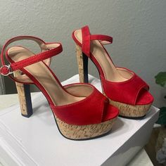 Brand New Beatiful Platform Shoes Red Round Toe Heels With Buckle Closure, Red Heels With Buckle Closure And Round Toe, Red Heels With Buckle Closure, Red Chunky Platform Heels For Spring, Casual Red Heels With Buckle Closure, Red Platforms, Red Platform, Hot Heels, Red Suede