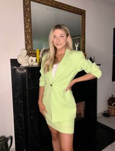 "Amazing lime green cache suit! From the 90's this suit has a lot of style. Not only a unique color this suit also features a beautiful cut and length. Perfect for special occasions and a power suit moment. Suit is in mint condition size 4.    Measurements;  Blazer - Length, 29\" inch Sleeve, 23.5\" in Chest, 15\" in Shoulders, 16\" in Skirt - Waist, 26\" inch Length, 18.5\" inch" Chic Green Formal Suit, Chic Green Blazer For Night Out, Green Notch Lapel Blazer For Party, Spring Green Formal Suit, Green Fitted Blazer For Night Out, Fitted Green Blazer For Night Out, Green Spring Party Blazer, Green Blazer For Night Out In Spring, Formal Green Spring Blazer