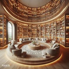 a living room filled with lots of bookshelves and couches in front of a round coffee table