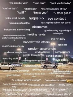 a parking lot filled with lots of different types of cars and words written in it