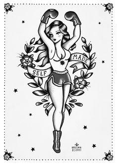 a black and white drawing of a woman with boxing gloves on her head, holding a ball