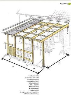 the diagram shows how to build a small shed with wood framing and roof trussing