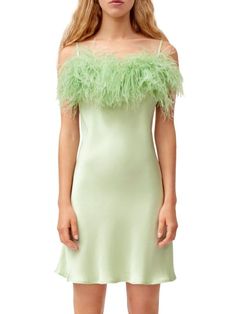 Sleeper Boheme Feather Trim Mini Slip Dress on SALE | Saks OFF 5TH Dress With Feathers, Green Slip Dress, Mini Slip, Ostrich Feather, Old Money Style, Mini Slip Dress, Ostrich Feathers, Old Money Aesthetic, Mint Color