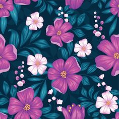 purple and white flowers with green leaves on a dark blue background seamless wallpaper