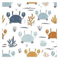 sea animals and corals on a white background with blue, orange and yellow colors