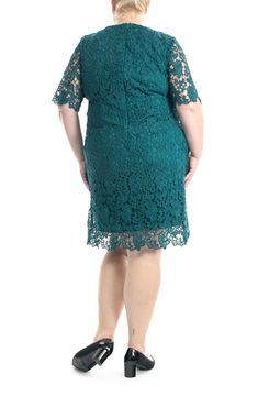 Woven crochet lace overlays a tonal lining for a romantic charm and style on this scalloped-trimmed sheath dress. 40" length (size 1X) Crewneck Back zip closure Lined 100% polyester Machine wash, tumble dry Imported Model stats: 5'10" height, 41" bust, 36" waist, 48" hip. Model is wearing size 1X. Elegant Knee-length Lace Crochet Dress, Elegant Knee-length Crochet Dress With Lace Trim, Elegant Fitted Crochet Dress With Scalloped Lace, Fitted Knee-length Crochet Dress With Lace Trim, Knee-length Crochet Lace Dress With Lace Trim, Knee-length Crochet Dress With Lace Trim, Elegant Crochet Lace Dress With Scalloped Details, Elegant Fitted Crochet Dress With Lace Top, Elegant Short Sleeve Crochet Dress With Lace Trim