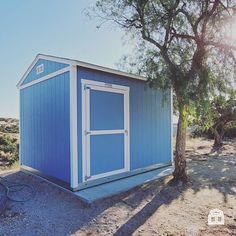 a small blue and white shed sitting on top of a dirt field next to a tree