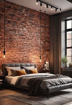 a bedroom with brick walls and flooring is shown in this image, there are lights on the ceiling above the bed