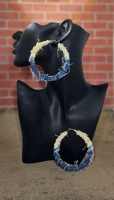 Distressed denim hoop earrings are a true statement piece that will add a pop to your outfit. African Head Scarf, Lady Accessories, Denim Earrings, Denim Jewelry, Fabric Earrings, Your Outfit, Round Earrings, Diy Earrings, Head Scarf