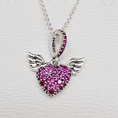 "Pandora Pink Heart & Angel Wings Necklace Sterling Silver, adjustable to three different lengths, this special pendant was inspired by angels as a symbol of love and protection. Necklace length : adjustable 17.7\" / 14\" / 12\" (35 cm + 10 cm chain extender) Included: Necklace Box, Gift Bag" Pandora Angel, Pandora Pink, Angel Wings Heart, Pandora Heart, Angel Wing Necklace, Pandora Hearts, Wing Necklace, Necklace Box, Chain Extenders