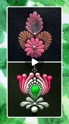 three different pictures of flowers and leaves on a black background with green watercolors