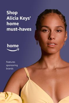 a woman in a yellow dress with the words shop albia keys'home must - haves home