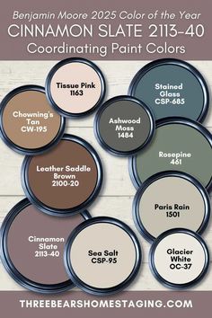 Meet Cinnamon Slate, Benjamin Moore Color of the Year 2025 | Three Bears Home Staging® Tiny Cabin Living, Cinnamon Slate, Coordinating Paint Colors, Farmhouse Color Scheme, Basement Painting, Farm House Colors, Home Design Diy, Nursery Room Design