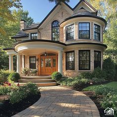 a large house with lots of windows on the front door and steps leading up to it