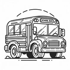 a black and white drawing of a school bus