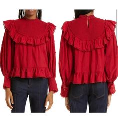 Farm Rio Heart Blouse Women’s Small Red New With Tag Armpit To Armpit 19” Length 25” Red Spring Top With Smocked Cuffs, Red Spring Tops With Smocked Cuffs, Spring Red Smocked Top With Ruffles, Fitted Red Smocked Top With Ruffles, Red Puff Sleeve Blouse With Ruffles, Red Long Sleeve Smocked Top For Spring, 3d Hearts, Green Floral Blouse, Heart Blouse