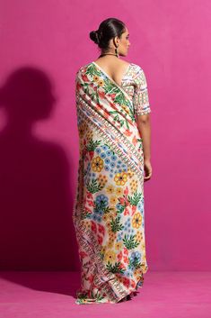 Drape yourself in elegance with our multicolor printed sari, meticulously handcrafted in chanderi. Adorned with a rich floral design hand-painted and then printed on a chanderi base, this ensemble comes complete with an unstitched printed blouse piece in chanderi. Multicolor Printed Dupatta In Traditional Drape, Multicolor Printed Traditional Dupatta, Traditional Printed Multicolor Dupatta, Multicolor Printed Blouse Piece For Festivals, Festive Multicolor Printed Blouse Piece, Bohemian Multicolor Cotton Silk Saree, Multicolor Silk Dupatta With Digital Print, Traditional Multicolor Printed Blouse Piece, Bohemian Floral Print Blouse For Festive Occasions