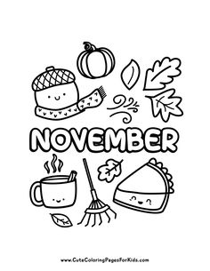 a coloring page with the words november written in black and white, surrounded by autumn items