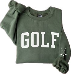 Green Crew Neck Top For Golf, Cotton Long Sleeve Golf Sweatshirt, Preppy Crew Neck Top For College, Sporty Golf Tops For Fall, Sporty Tops For Golf In Fall, Sporty Letter Print Sweatshirt For Golf, Sporty Crew Neck Golf Sweatshirt, Sporty Crew Neck Sweatshirt For Golf, Sporty Long Sleeve Sweatshirt For Golf