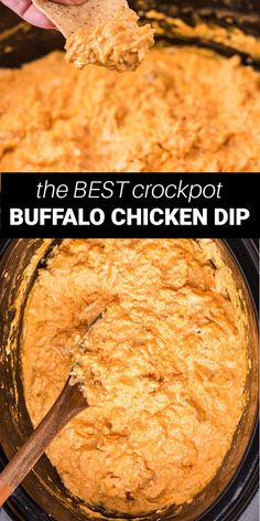 buffalo chicken dip in crockpot with a chip Buffalo Chicken Dip Crock Pot Sour Cream, Buffalo Chicken Dip Crock, Buffalo Chicken Dip Crock Pot Ranch Packet, Buffalo Wing Dip Crock Pot, Buffalo Chicken Dip Crock Pot No Ranch, Crockpot Recipes Buffalo Chicken Dip, Crock Pot Chicken Buffalo Dip, Buffalo Chicken Wing Dip Crockpot, Buffalo Chicken Dip Crockpot Easy